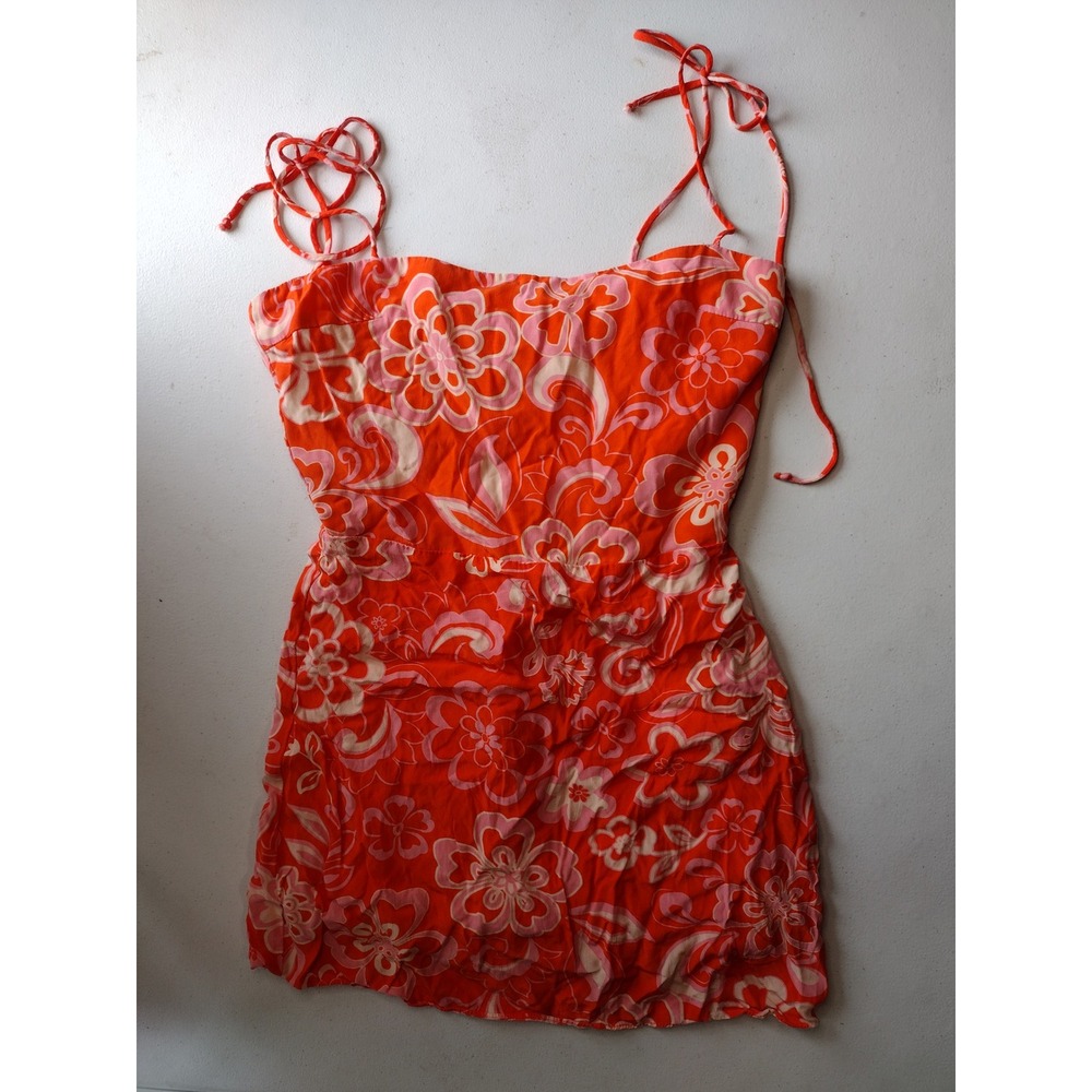 Olivaceous Orange Floral‎ Tie Strap Mini Dress Size S Tropical Summer Sundress